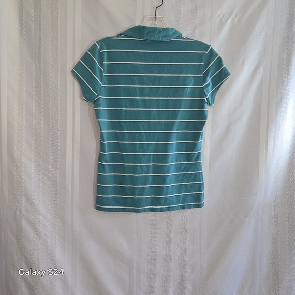 ENERGIE GIRLS TOP 3-BUTTON FRONT COLLAR SHORT SLEEVES TEAL WHITE STRIPE SIZE LG - Picture 5 of 10
